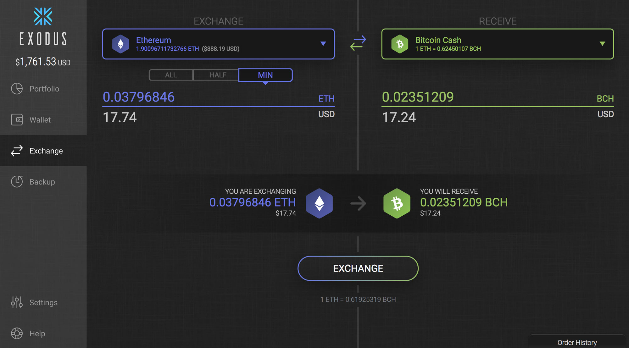 Exemplo de transação de Ethereum e Bitcoin através da carteira cripto Exodus
