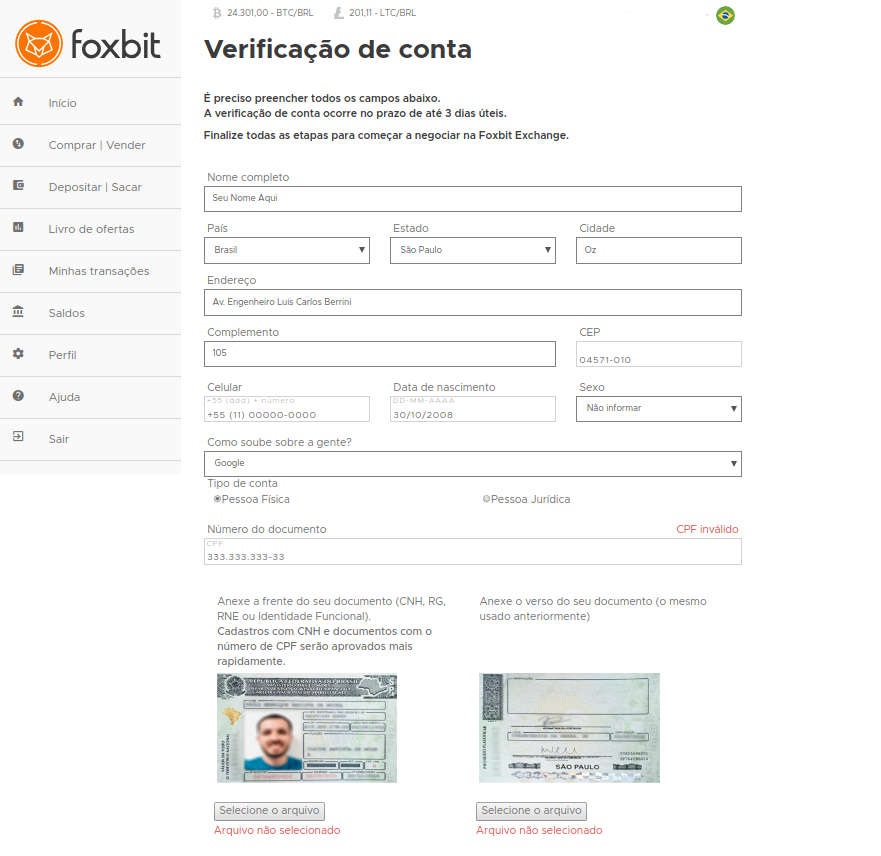 verificação de conta na foxbit