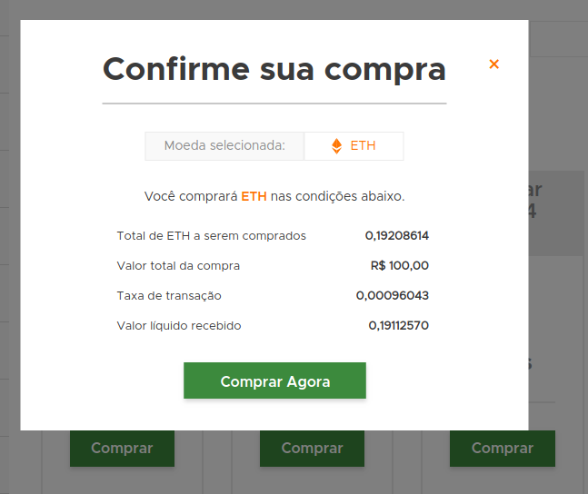 confirmação comprar ether