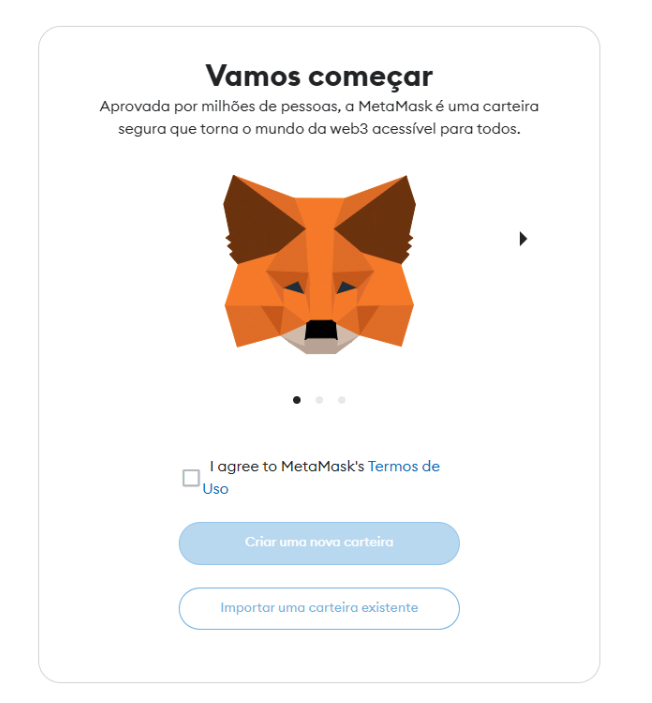 Tela de login da Metamask