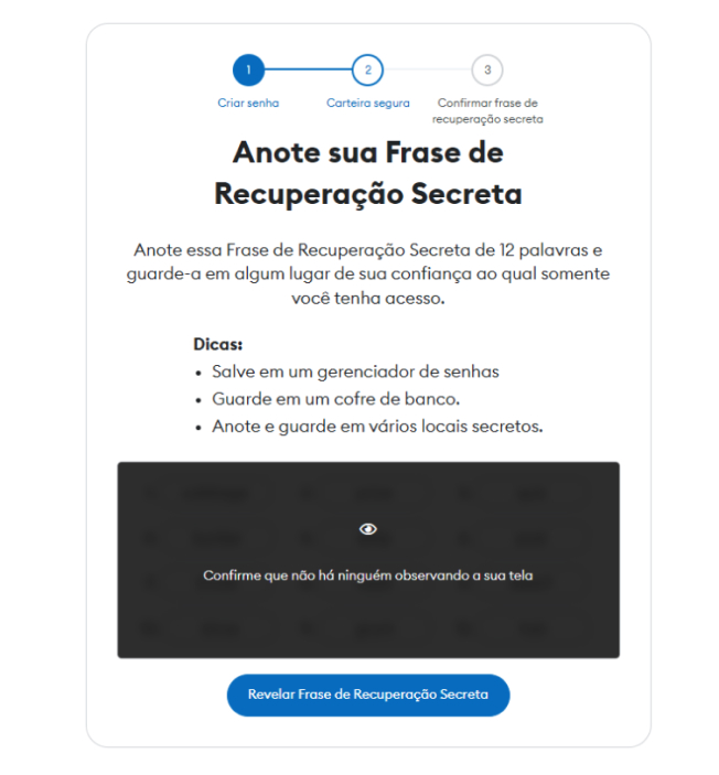 Tela para frase secreta da Metamask