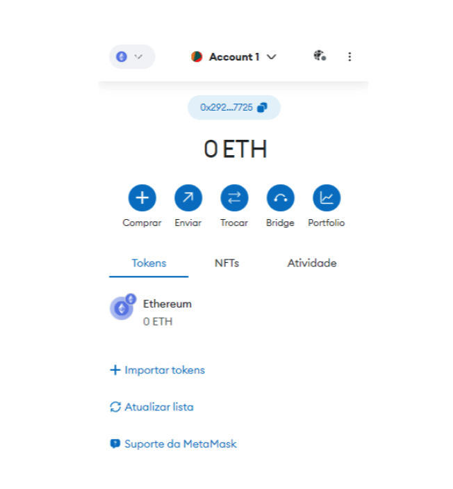 Tela da carteira Metamask